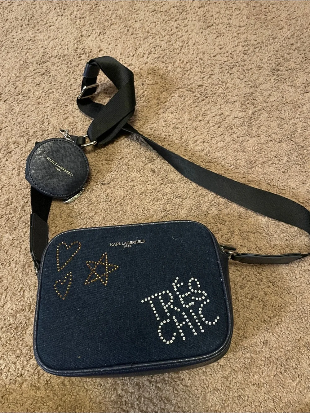 Karl Lagerfeld Navy Crossbody Bag with Studded 'Très Chic' Design and Coin Pouch